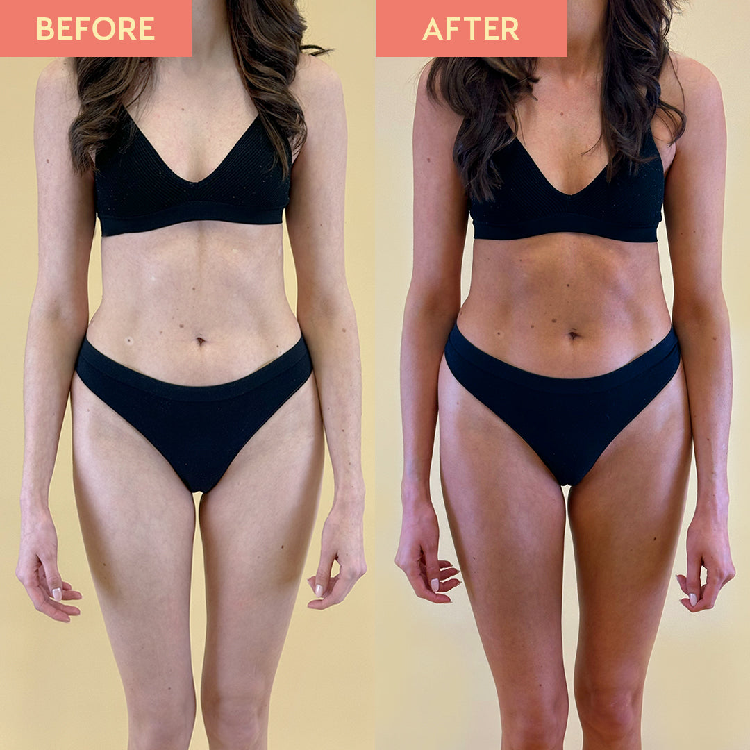 Before and after video of woman in swimsuit. The before image shows pale skin while the after image shows a dark tan after using the Dark Express Liquid Tan